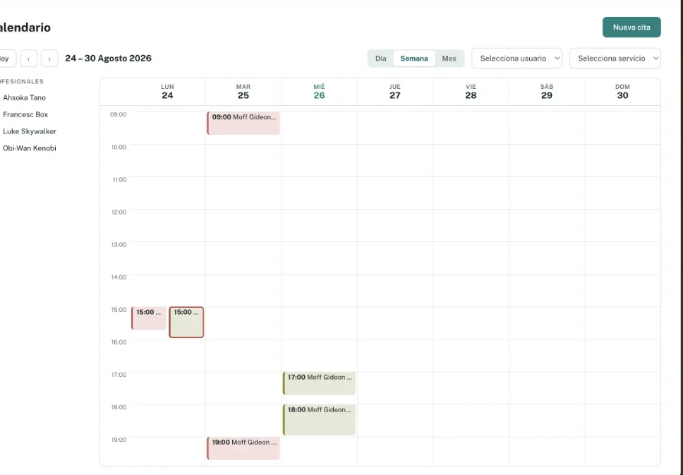 Vista semanal del calendario de MiGabinete
